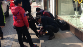 西峰：街头大学生为推销鞋油免费帮路人擦鞋