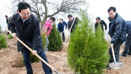 庆阳市干部职工在西峰区肖金镇纸坊村义务植树
