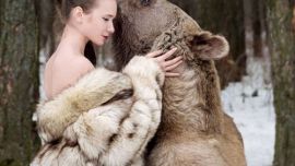 俄美女模特雪地里擁抱灰熊 反對獵殺動(dòng)物(組圖)