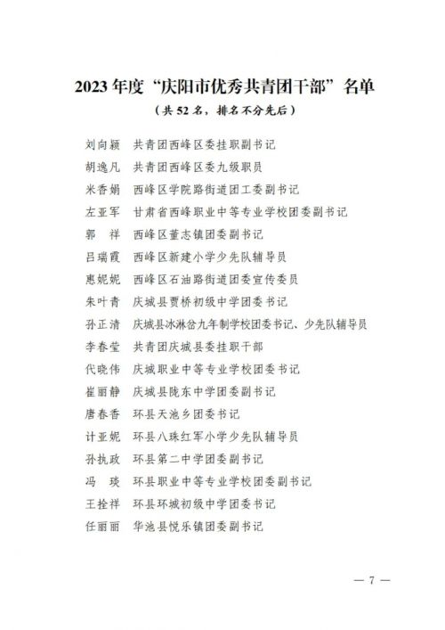 2023年度“慶陽市優(yōu)秀共青團干部”名單
