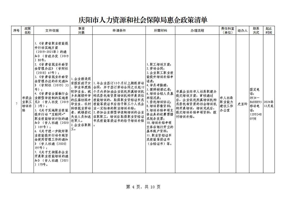庆阳市人力资源和社会保障局惠企政策清单