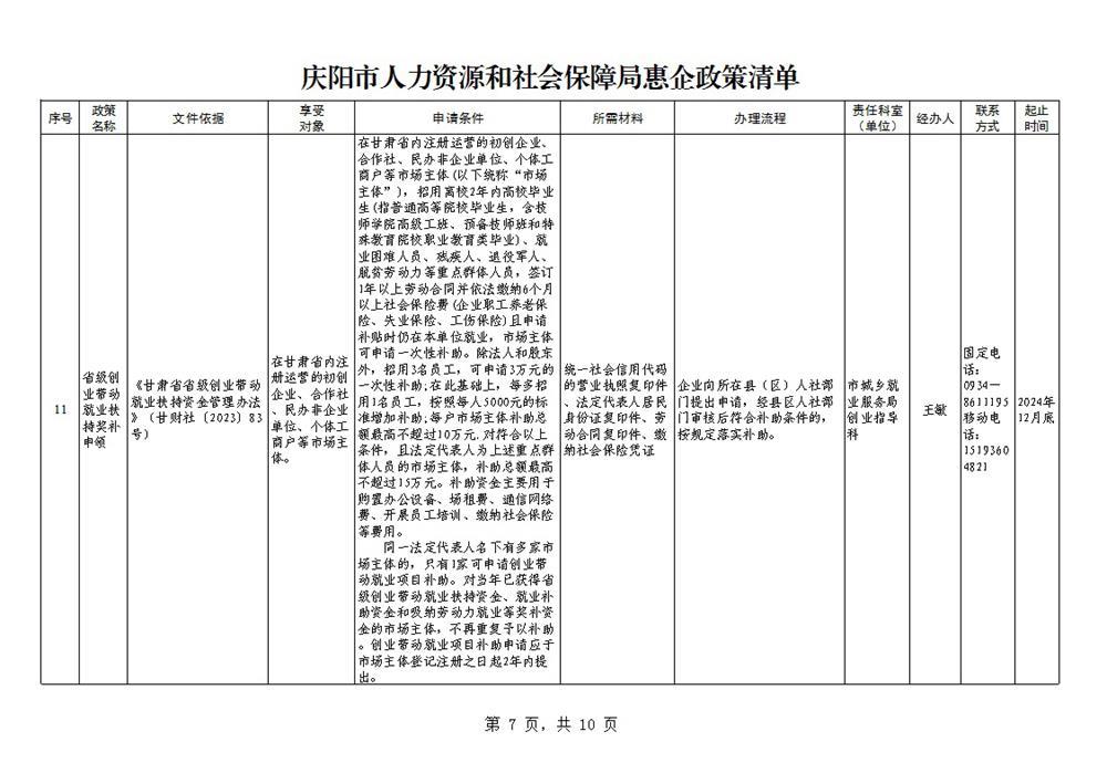庆阳市人力资源和社会保障局惠企政策清单