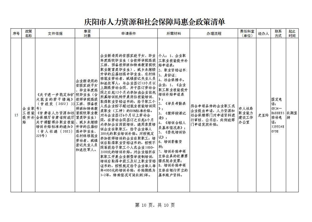庆阳市人力资源和社会保障局惠企政策清单