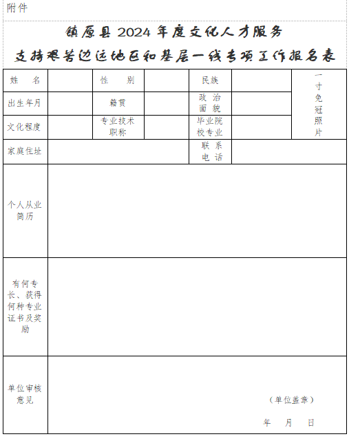 镇原县2024年度文化人才服务支持艰苦边远地区和基层一线专项工作报名表