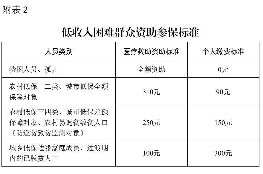 全市低收入困难群众资助参保标准