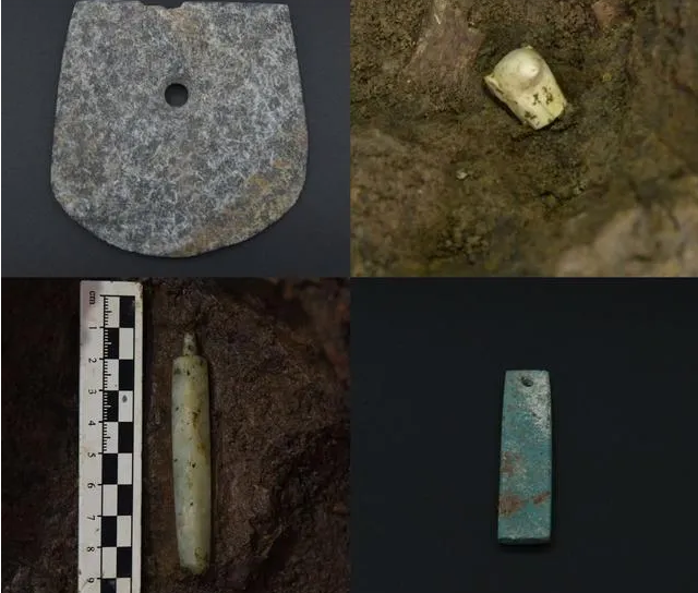 王庄遗址出土的玉钺、玉鼠、玉坠、绿松石坠（考古队供图）