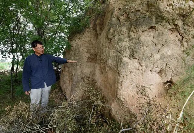 南佐遺址聯(lián)合考古隊領(lǐng)隊、中國人民大學(xué)歷史學(xué)院考古文博系教授韓建業(yè)在考察遺址核心區(qū)內(nèi)分布的大型夯土臺情況（2022年8月23日攝）。新華社記者 李賀 攝