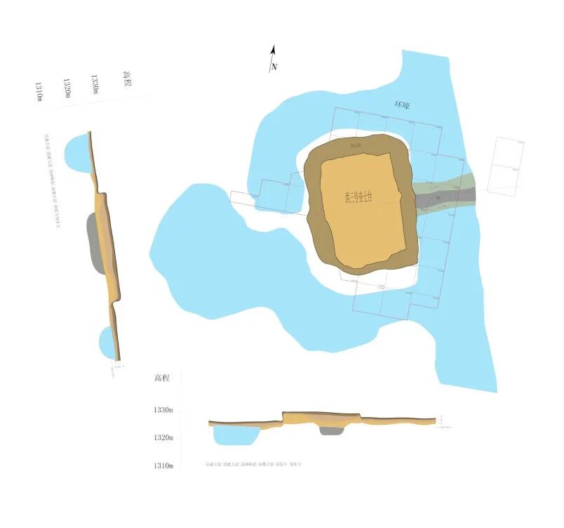 &nbsp; 西三号夯土台及环壕剖线图