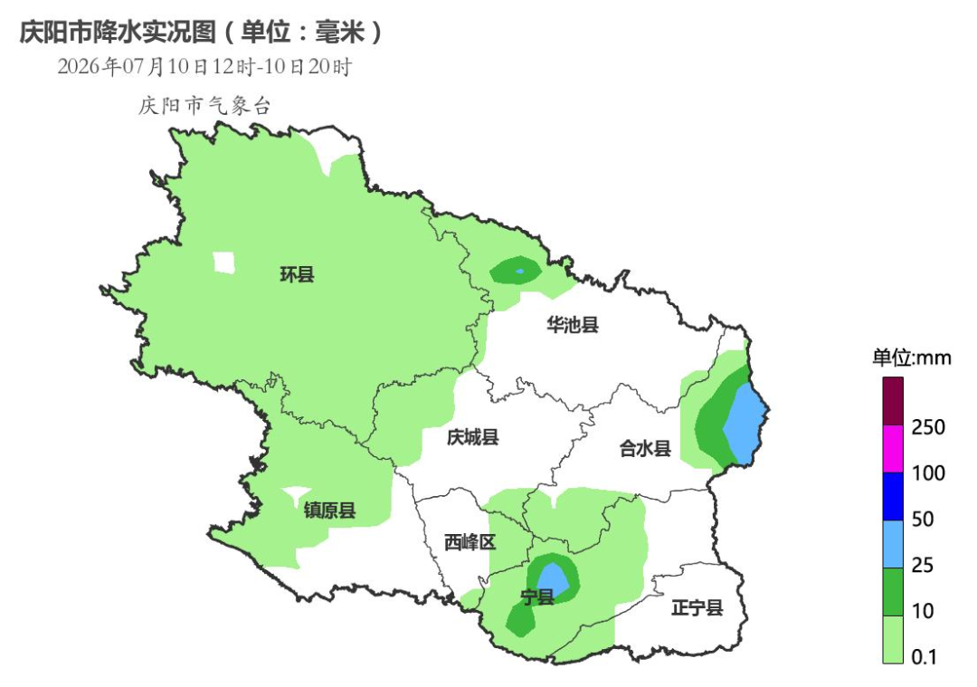 7月10日下午开始庆阳市出现了降水天气，截至20时，共出现大雨4站，中雨6站，短时强降水2站次（最大小时雨强宁县王台27.8mm，16-17时）。
