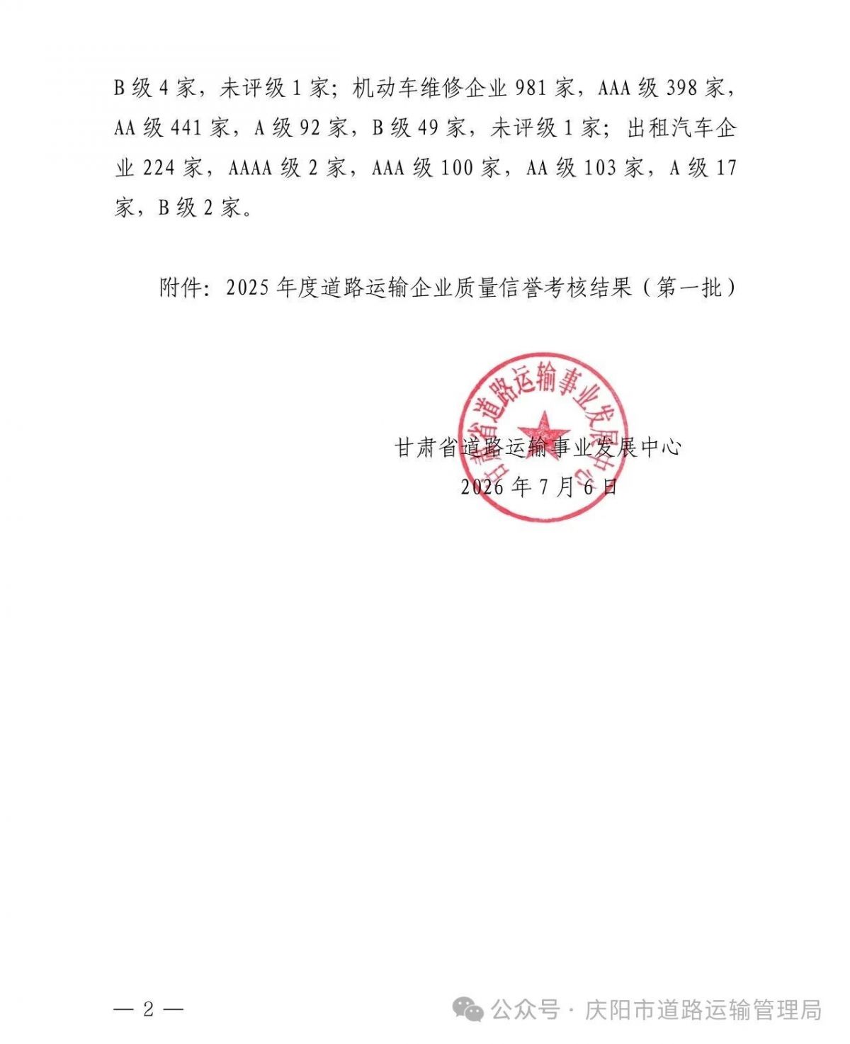 关于公布2025年度全市道路运输企业质量信誉考核结果的通告