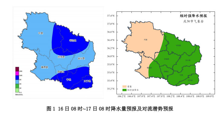 7月16日雷阵雨转中到大雨,环县东部、庆城东北部、西峰南部、华池、宁县、正宁等地局地暴雨,并伴有短时强降水、阵性大风等天气,最大小时降 水量30~60毫米,最大累计降水量40~70毫米,个别站点降水量可达100 毫米以上(图1、表1)。