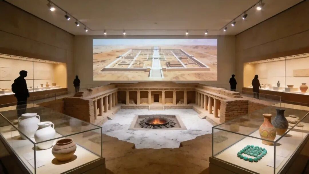 展厅内部概念图：宫殿复原模型与文物展陈相结合