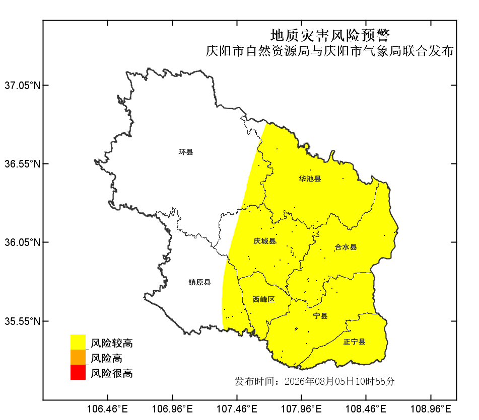 庆阳市自然资源局与庆阳市气象局联合发布地质灾害风险预警：预计8月5日-6日，庆阳市环县东部、镇原东部、华池、庆城、西峰、合水、宁县、正宁等地部分乡镇发生地质灾害的气象风险等级较高（III 级）。