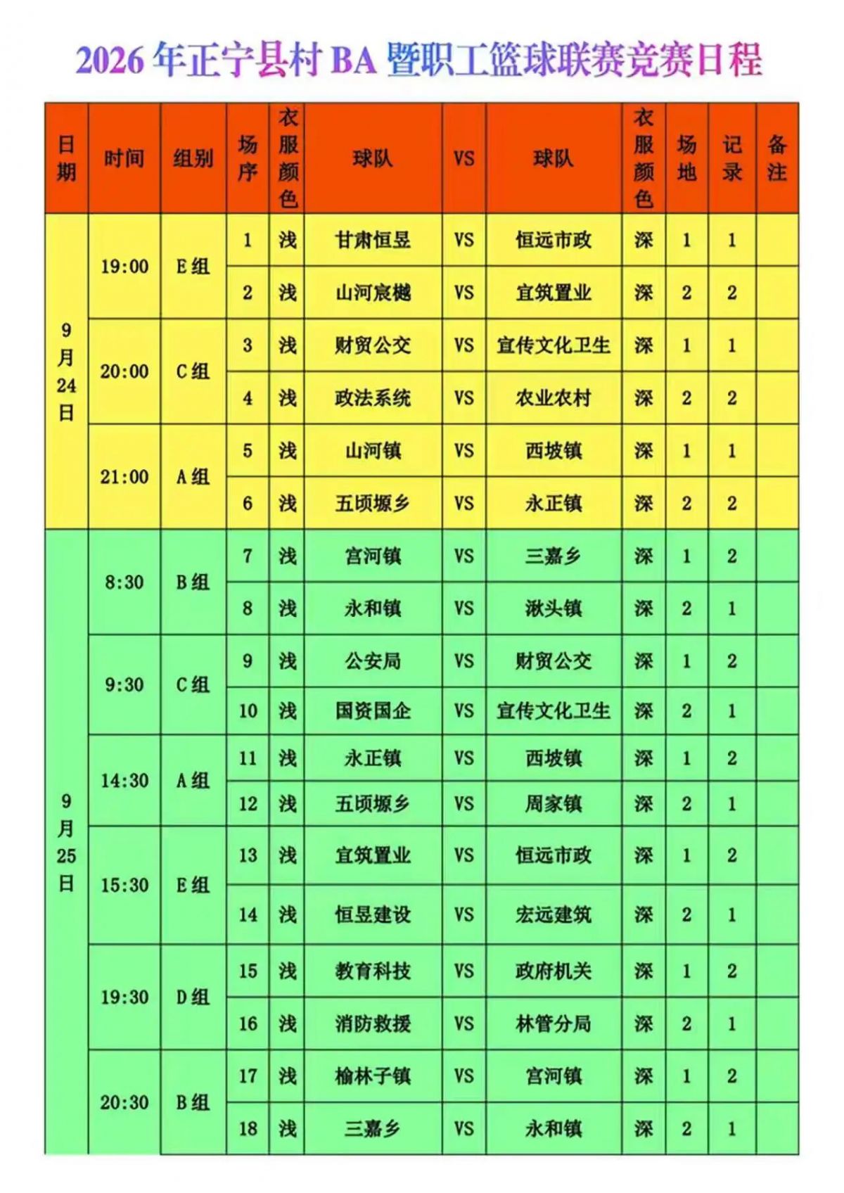 2026年正宁县村BA暨职工篮球联赛竞赛日程