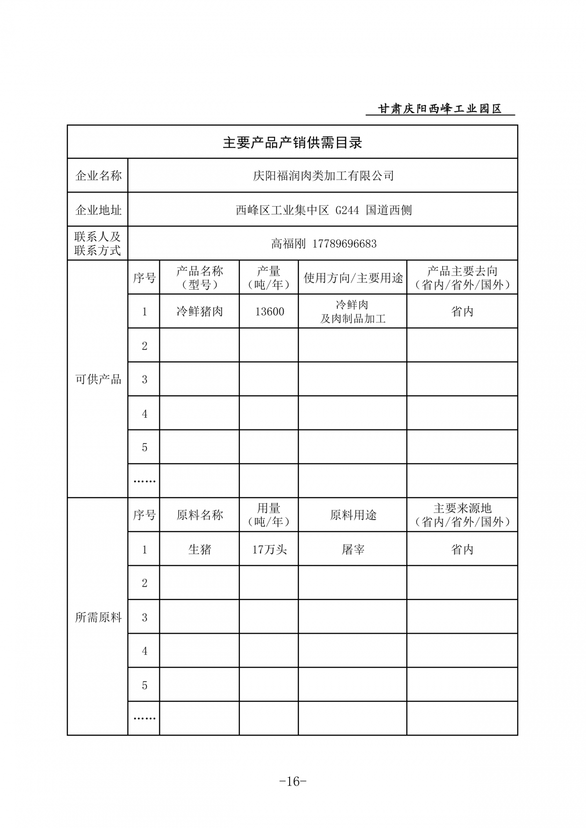 庆阳西峰工业园区企业主要产品产销供需目录
